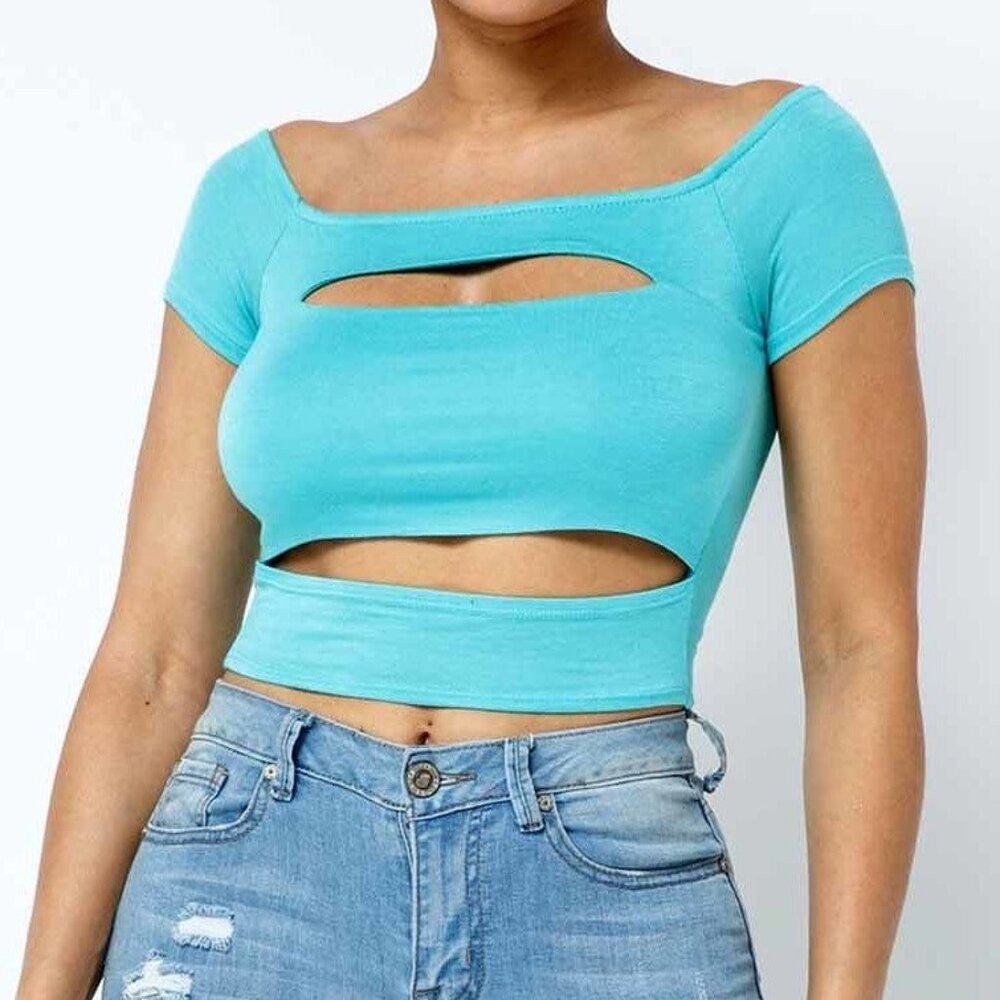Karrie Off Shoulder Cut Out Crop Top (Green)